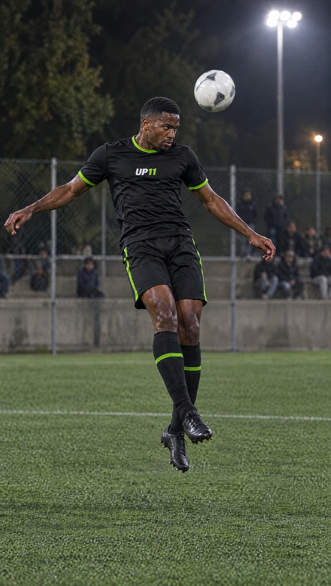 Jugador con la equipación negra de UP11 saltando a rematar de cabeza bajo los focos