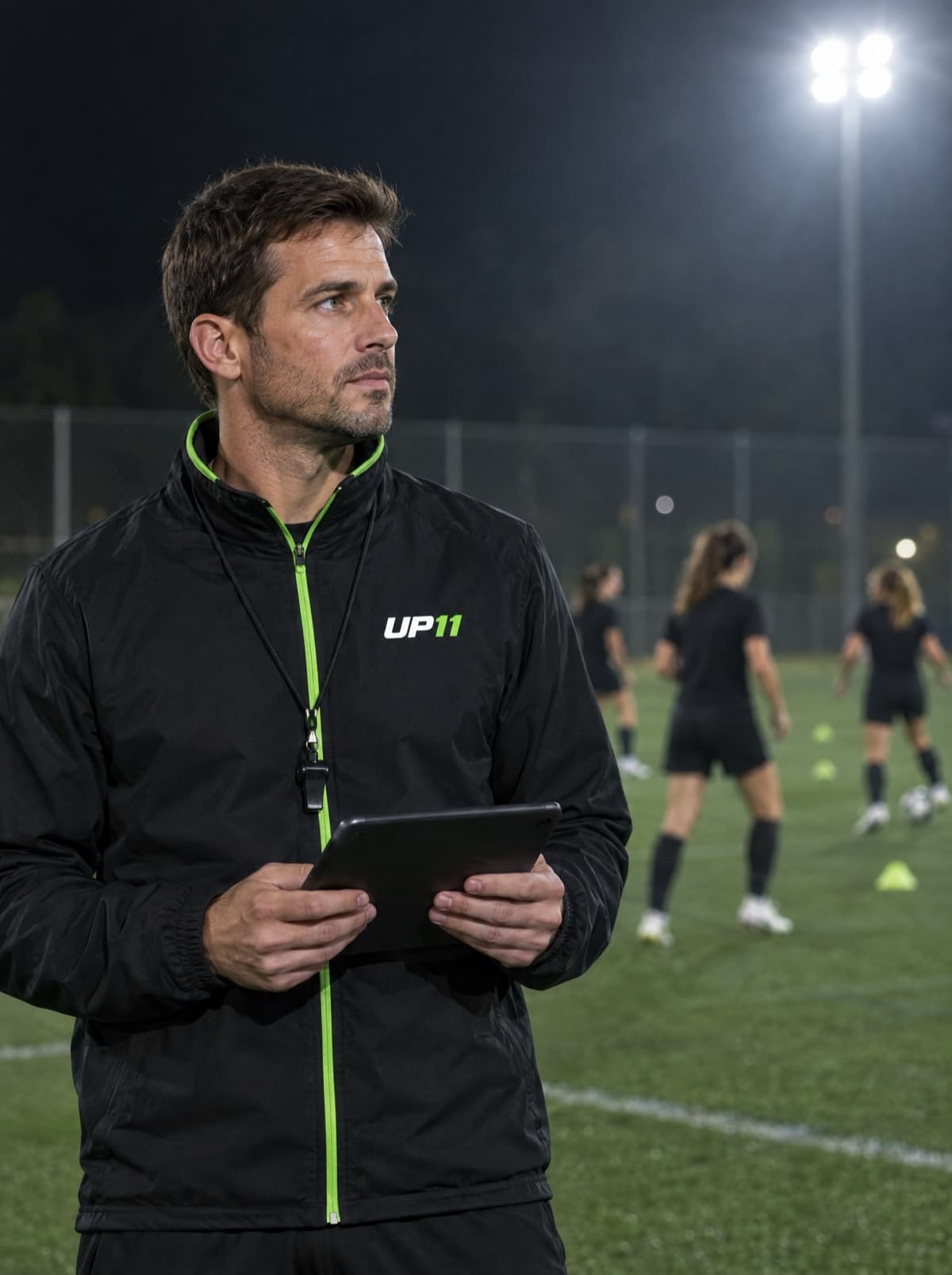 Entrenador con chaqueta de UP11 y una tablet en la banda durante un entrenamiento nocturno