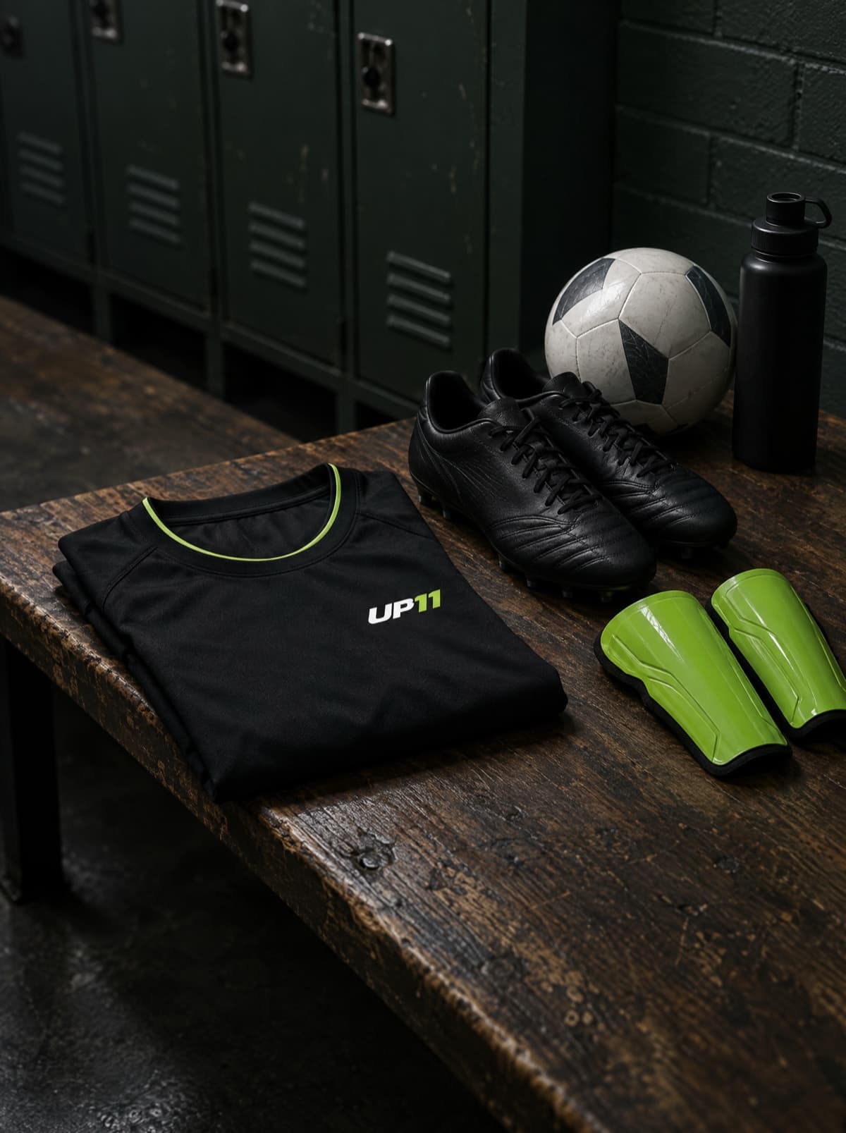 Camiseta de UP11, botas, espinilleras y balón sobre el banco de un vestuario